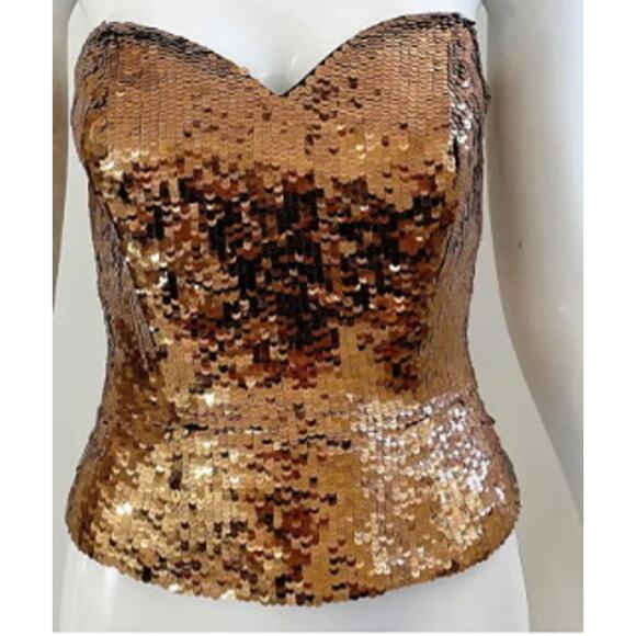 1990s OLEG CASSINI Gold/Bronze fully sequins strapless silk bustier top (L) - Picture 2 of 11